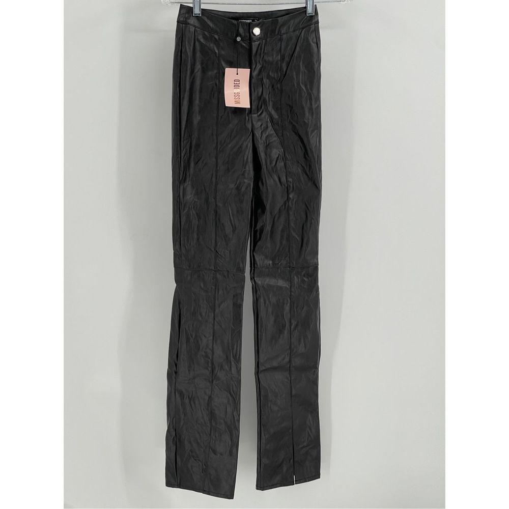 Missguided Pants Faux Leather Women Size 0 Black Straight Leg Split Front New